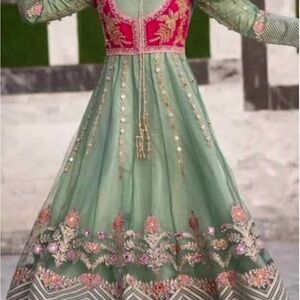 Elegant Green and Pink Maxi Dress for wedding party wear and other festival dres